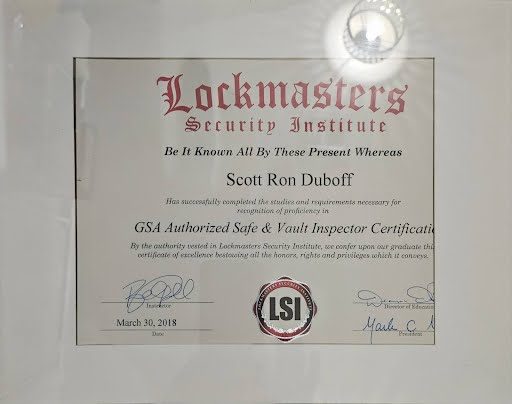 Lockmasters Security Institute GSA Authorized Safe and Vault Inspector Certification for Scott Ron Duboff, March 30, 2018