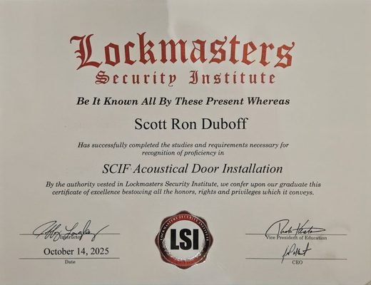 Lockmasters Security Institute SCIF Acoustical Door Installation certificate for Scott Ron Duboff, October 14, 2025