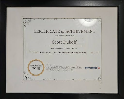 Auditcon 252/552 Installation and Programming certificate issued to Scott Duboff by dormakaba, February 16, 2015