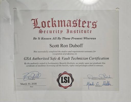 GSA Authorized Safe & Vault Technician Certification certificate issued to Scott Duboff by Lockmasters Security Institute, March 30, 2018