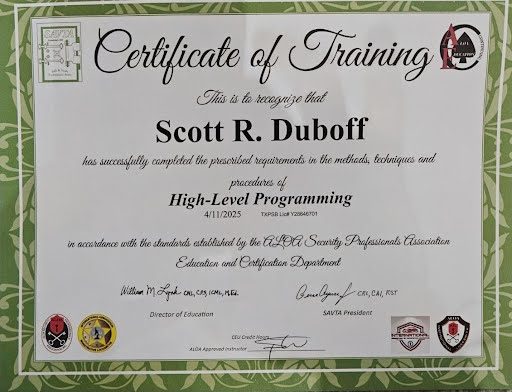 High-Level Programming certificate issued to Scott Duboff by ALOA Security Professionals Association / SAVTA, April 11, 2025