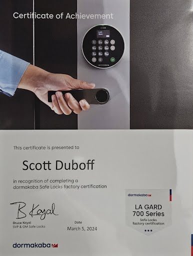 LA GARD 700 Series Safe Locks Factory Certification certificate issued to Scott Duboff by dormakaba, March 5, 2024