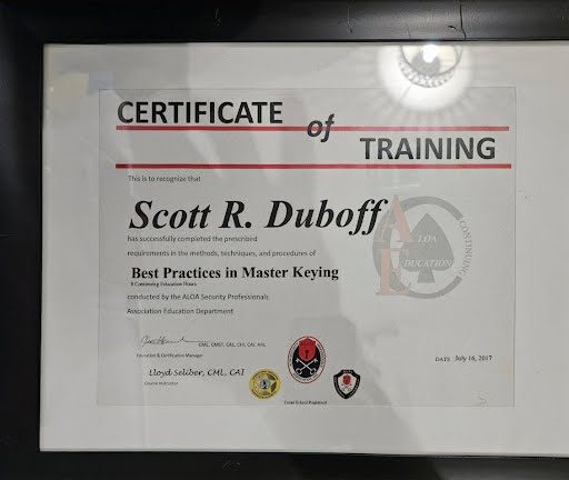 Best Practices in Master Keying certificate issued to Scott Duboff by ALOA Security Professionals Association, July 16, 2017