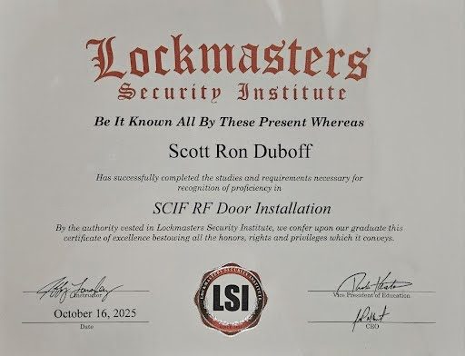 SCIF RF Door Installation certificate issued to Scott Duboff by Lockmasters Security Institute, October 16, 2025