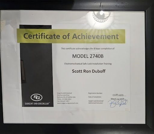 Model 2740B Electromechanical Safe Lock Installation certificate issued to Scott Duboff by Sargent and Greenleaf, 2018