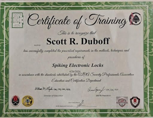 Spiking Electronic Locks certificate issued to Scott Duboff by ALOA Security Professionals Association / SAVTA, April 26, 2024