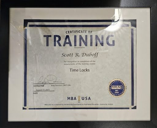 Time Locks certificate issued to Scott Duboff by MBA USA, August 11, 2021